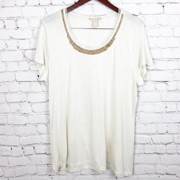 Banana Republic | Cream Tee with Gold Beaded Neckline | Size Extra Large - Picture 1 of 8